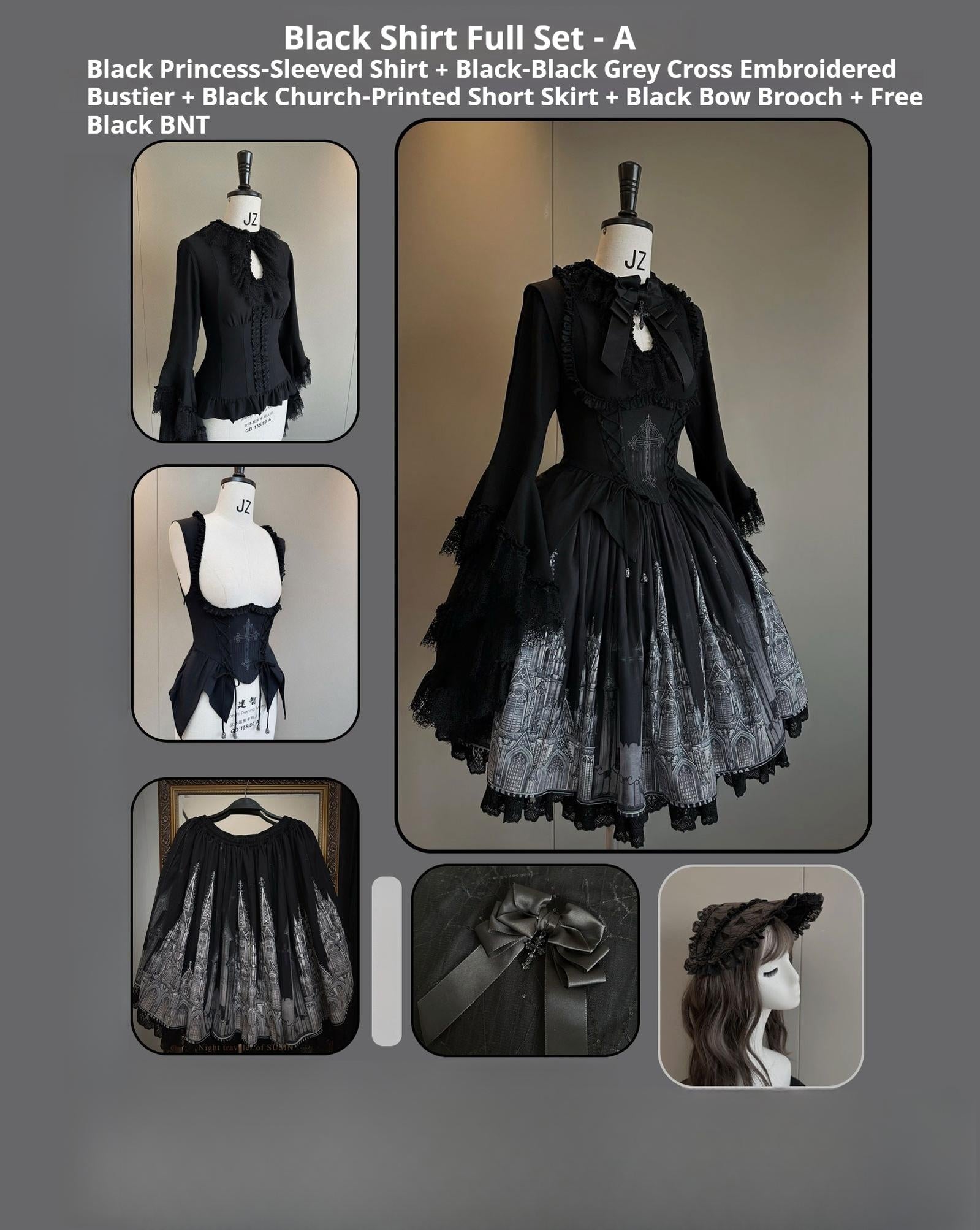 Susin Lolita - Night Traveler - Gothic Lolita Skirt Outfit Long Coat Shirt and Bustier Set (L M S XL) 42118:727747