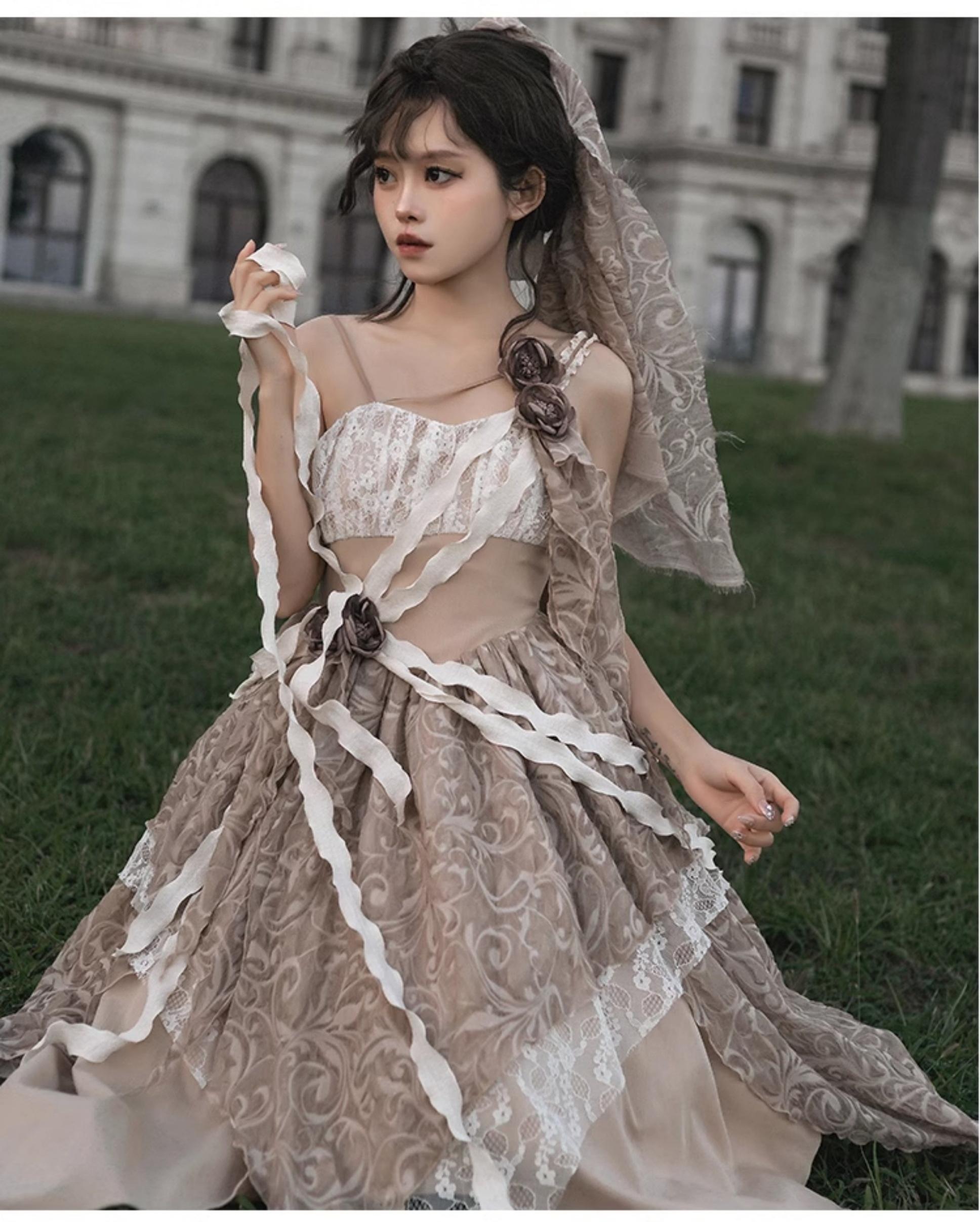 With PUJI - Rose Leaf - Irregular Daily Lolita JSK Dress in Wabi-Sabi Style