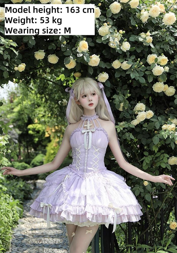 Alice Girl - Cross Maiden - Gothic Lolita Purple JSK Dress With Cross Halterneck & Voile Overlay