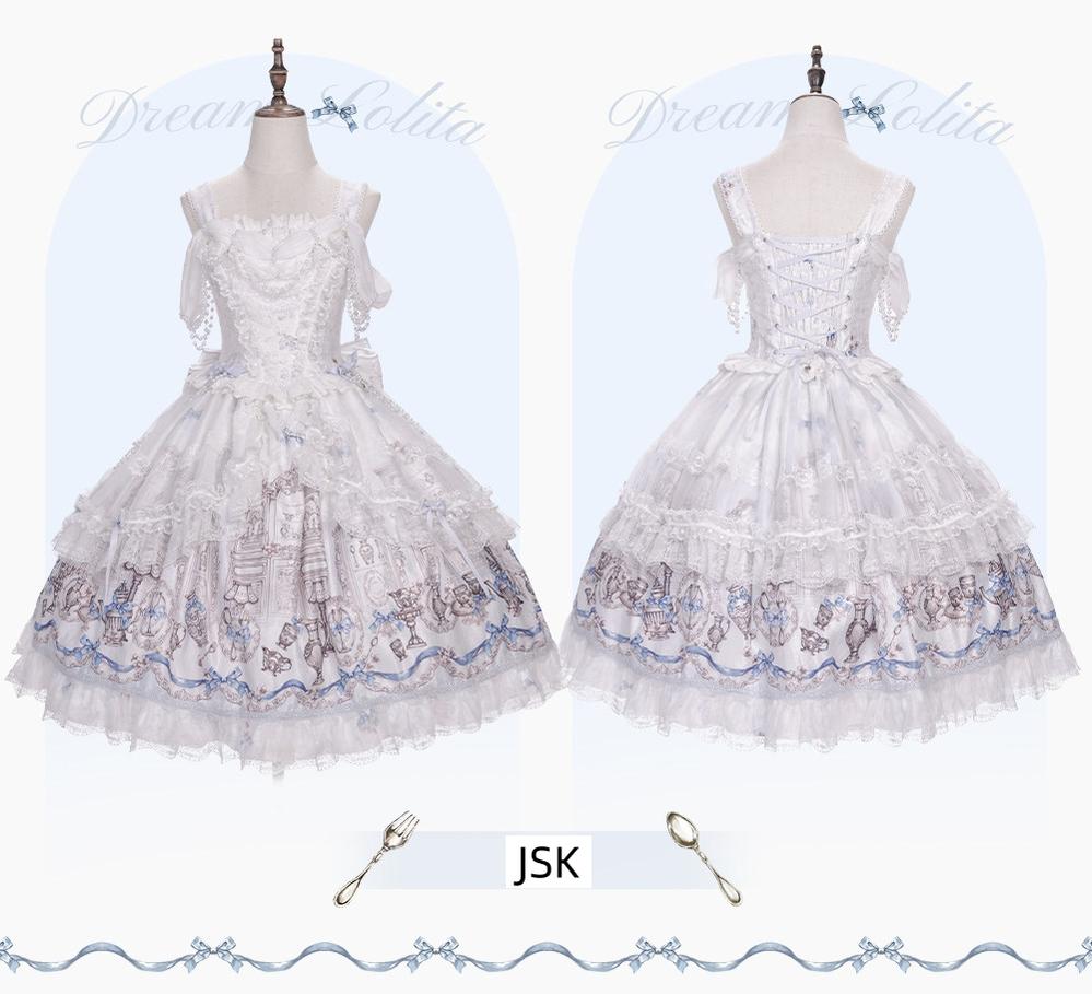 Finnish Antique Cabinet - Sweet Lolita Antique Cabinet Printed OP & JSK Dress with Bows