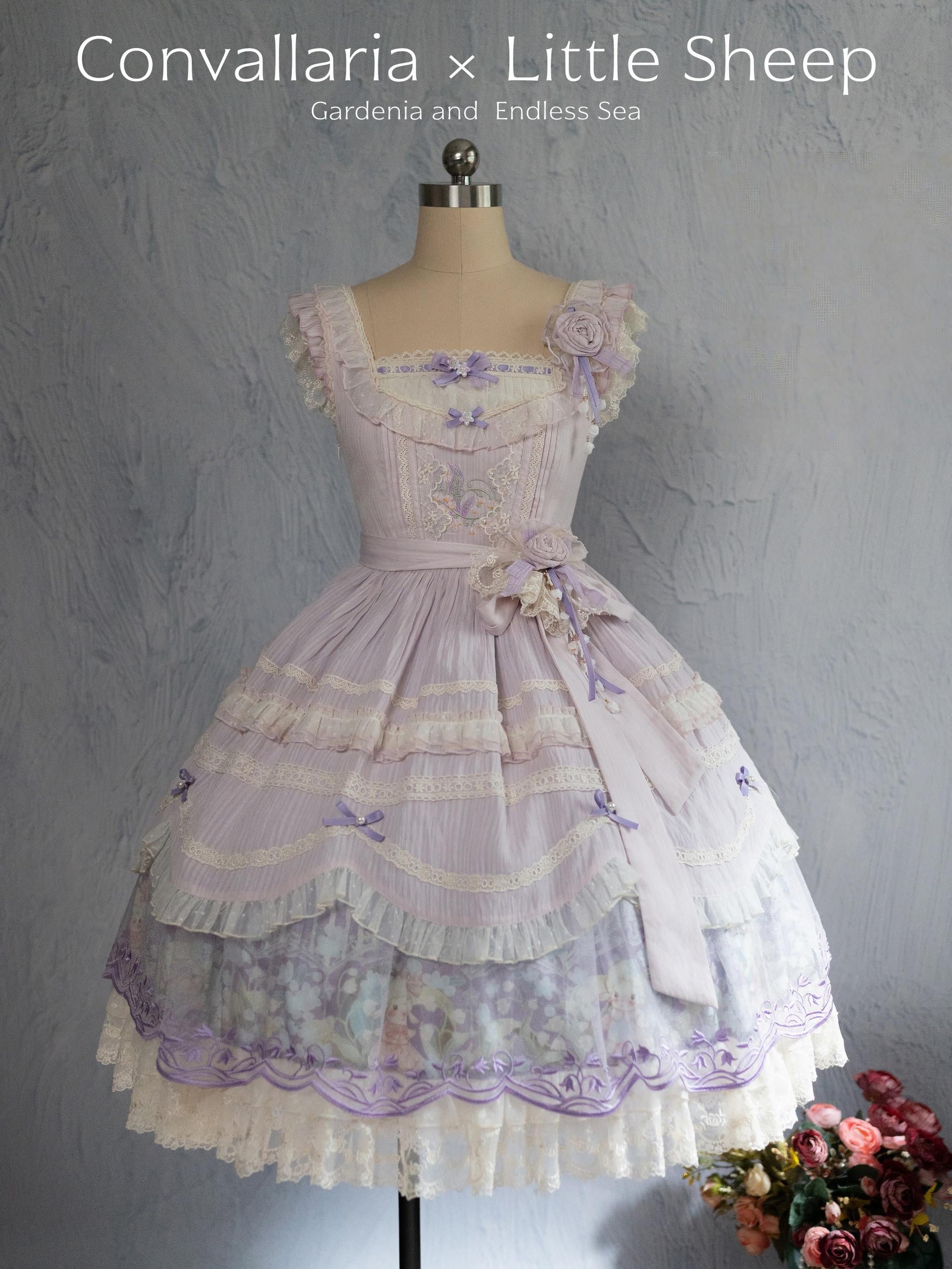 Lily of the Valley Lamb - Classic Lolita Tiered Hem JSK Dress with Embroidery (M S XS / Pre-order) 45277:852163