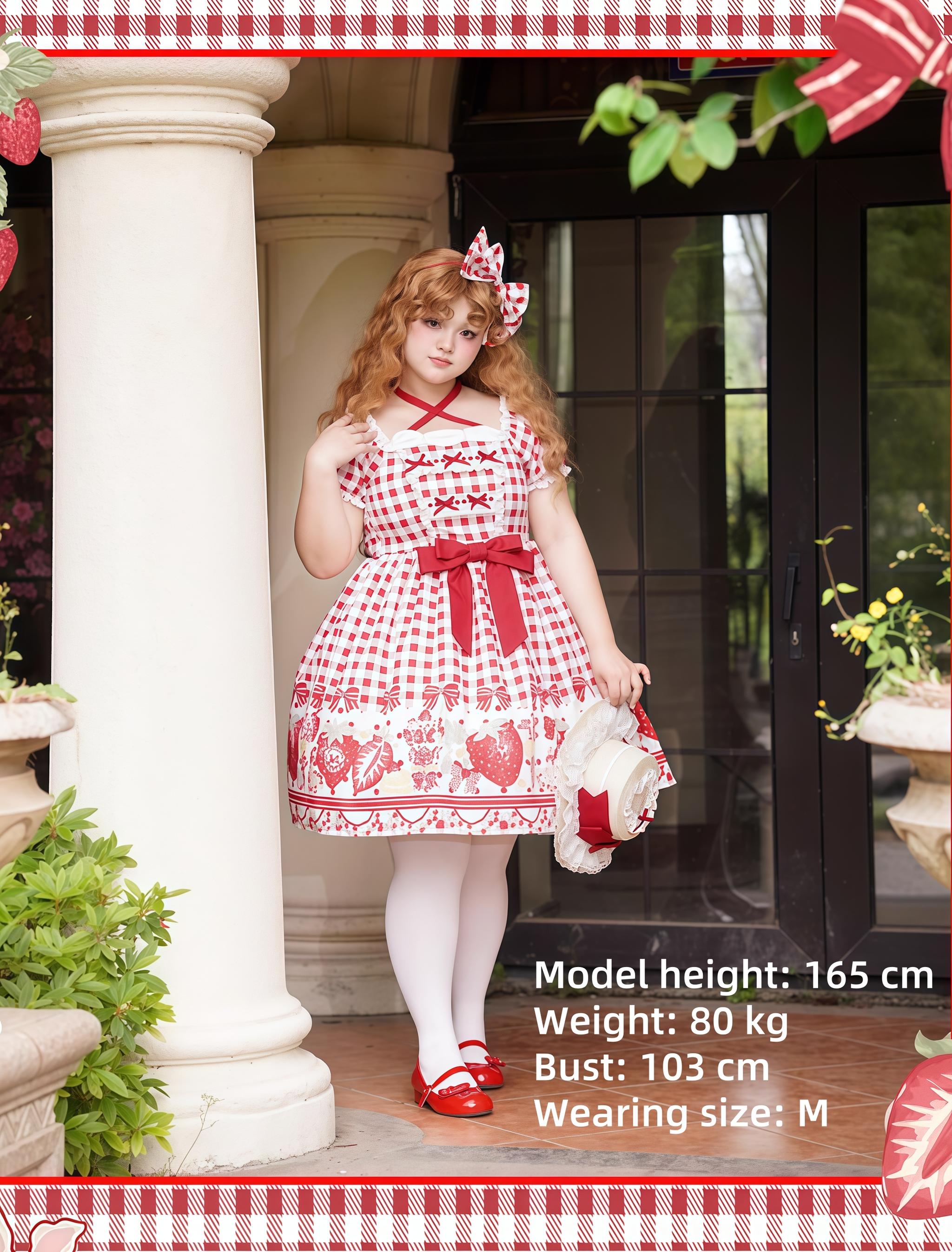 Chubby Cat Diary - Gingham Strawberry - Plus Size Country Lolita OP Dress 43202:771389