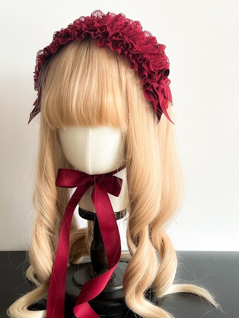 MAID - Customized Elegant Lolita Bow Lace KC Headdress Wine Red