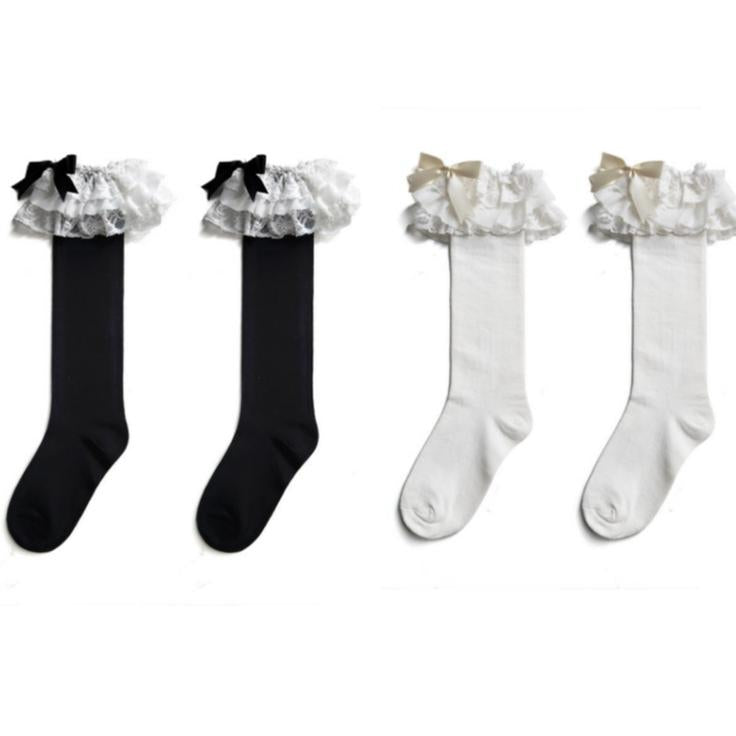 Cotton Lolita Bow Socks with Layered Lace Trim