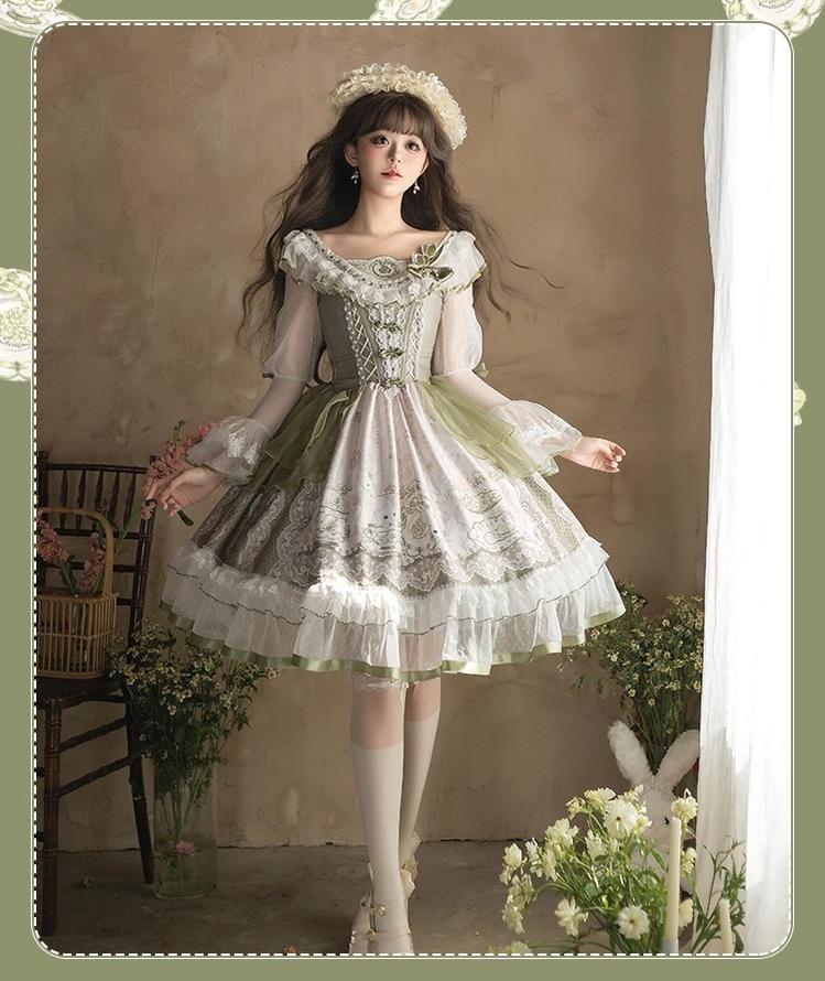 YingLuoFu - Teacup Bunny - Classic Lolita OP Dress, Fresh Green Floral Print 43263:783869
