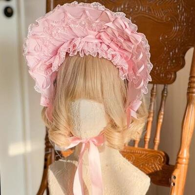 MAID~Gothic Lolita Lace Bonnet Wide Brim Bow BNT Headwear Cherry Pink  