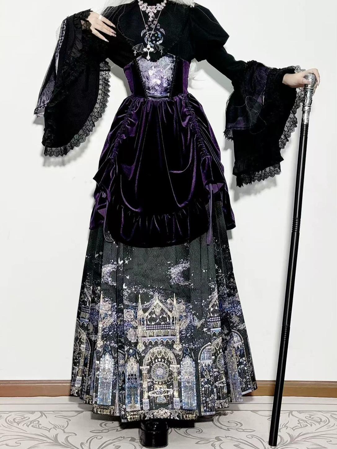 Stellar Orbit Cathedral - Gothic Lolita Hime Sleeve Blouse & Corset & Mamian Skirt Set 45901:867493