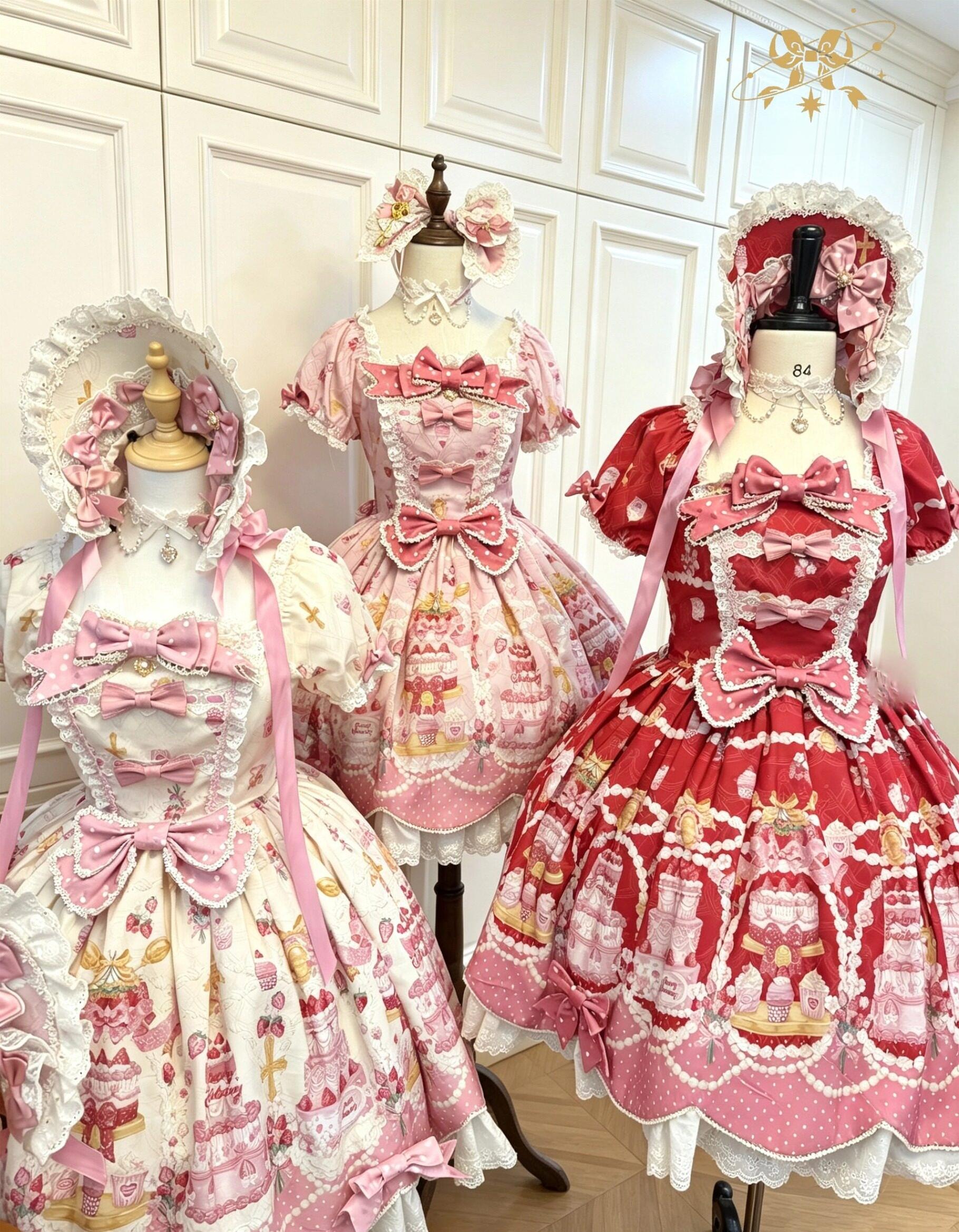 Strawberry Ode - Plus Size Sweet Lolita OP & JSK Dress, Cream Cake Print 45892:867104