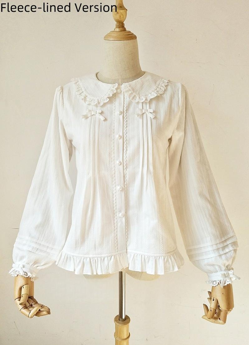 Youlan Lane - Cotton Sweet Lolita Blouse, Single / Fleece Lined Version White Fleece-lined Blouse XS