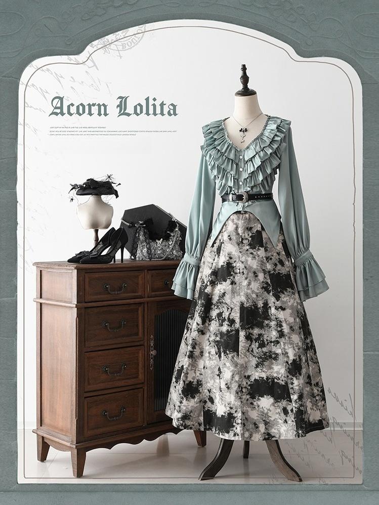Acorn Lolita - Penetrating - Gothic Lolita Shirt with Long Sleeve and Rib Style Ruffles Bean Green XS