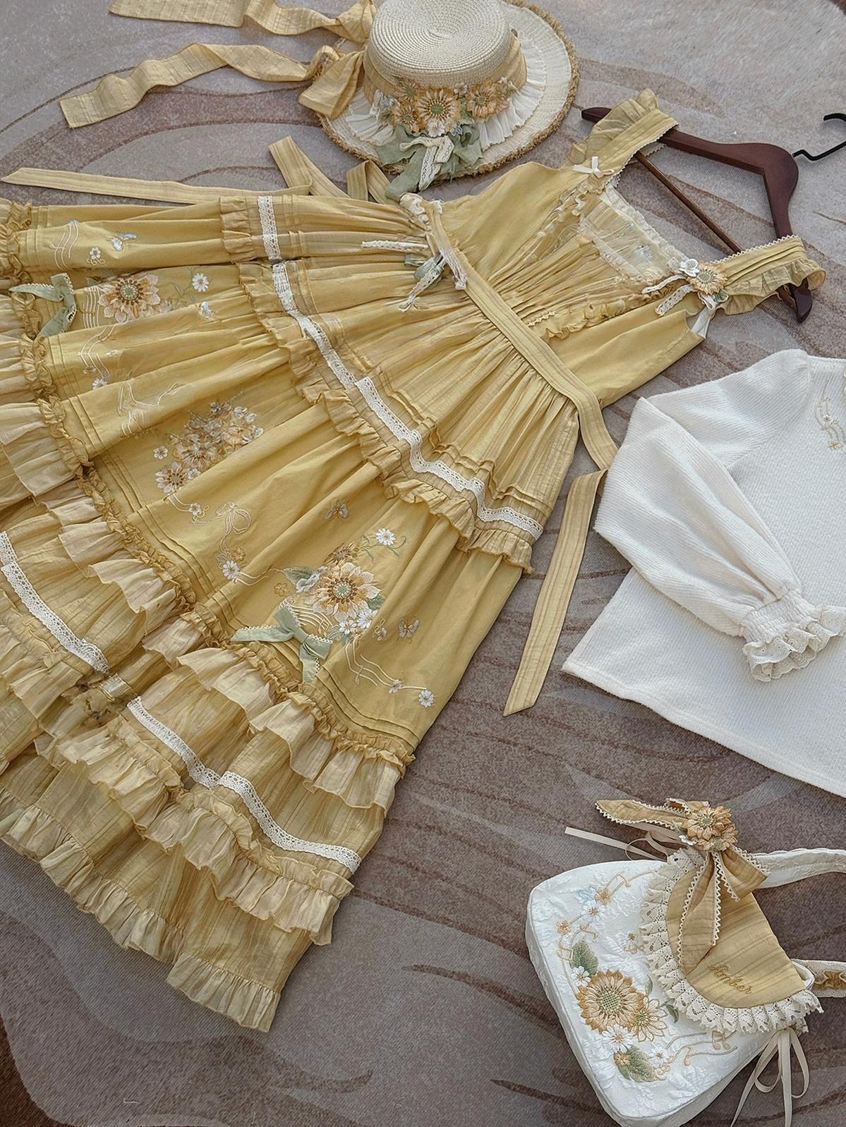 Moonlight Amber - Sunflower - Embroidered Country Lolita Dress, Tiered Skirt Sunflower JSK (includes thin waist tie) XS