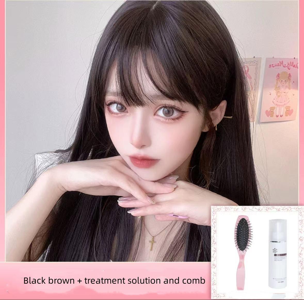 Alicegarden - Elegent Lolita Wig Long Straight Wigs Dark brown wig + pink steel comb + a hairnet