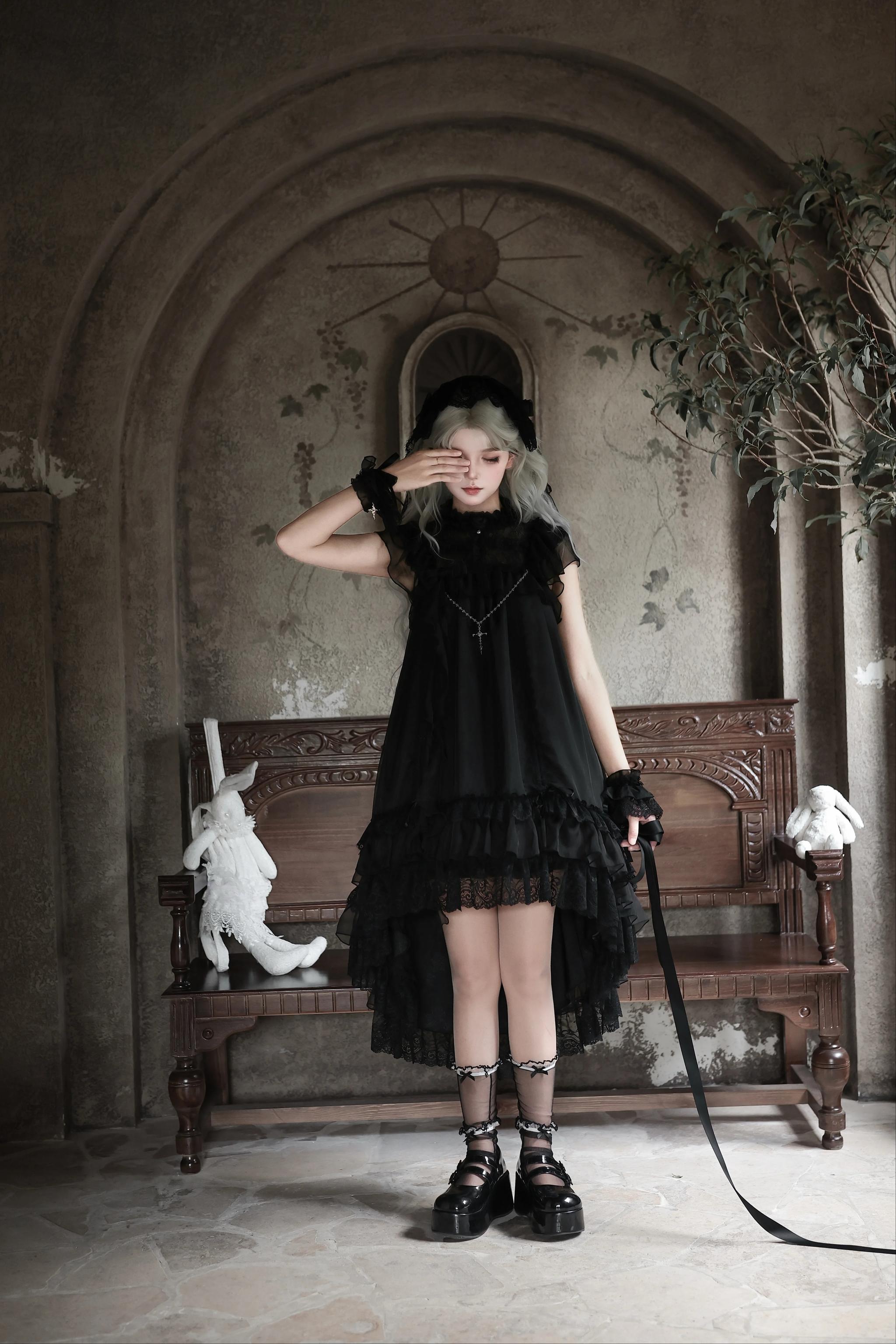 Ghost Jellyfish - Chiffon Gothic Lolita OP, Drawstring Liftable High-low Hem (2XL L M S XL) 45549:853750