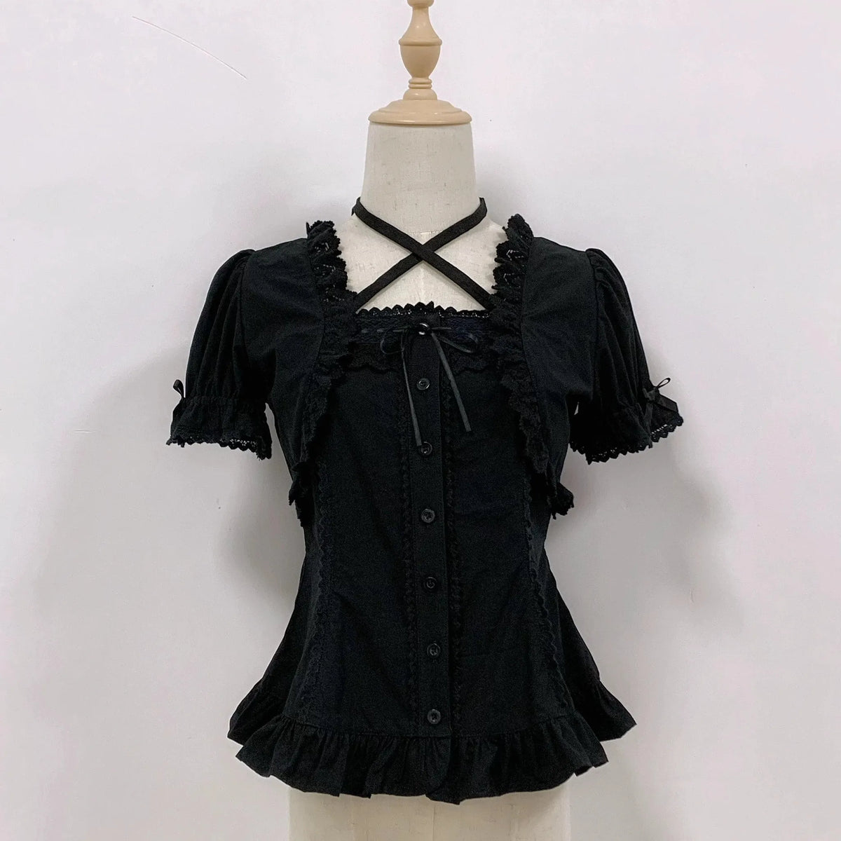 Haruhime Momoko - Cotton Old School Lolita Blouse, Cross Halter Neck 44989:863746