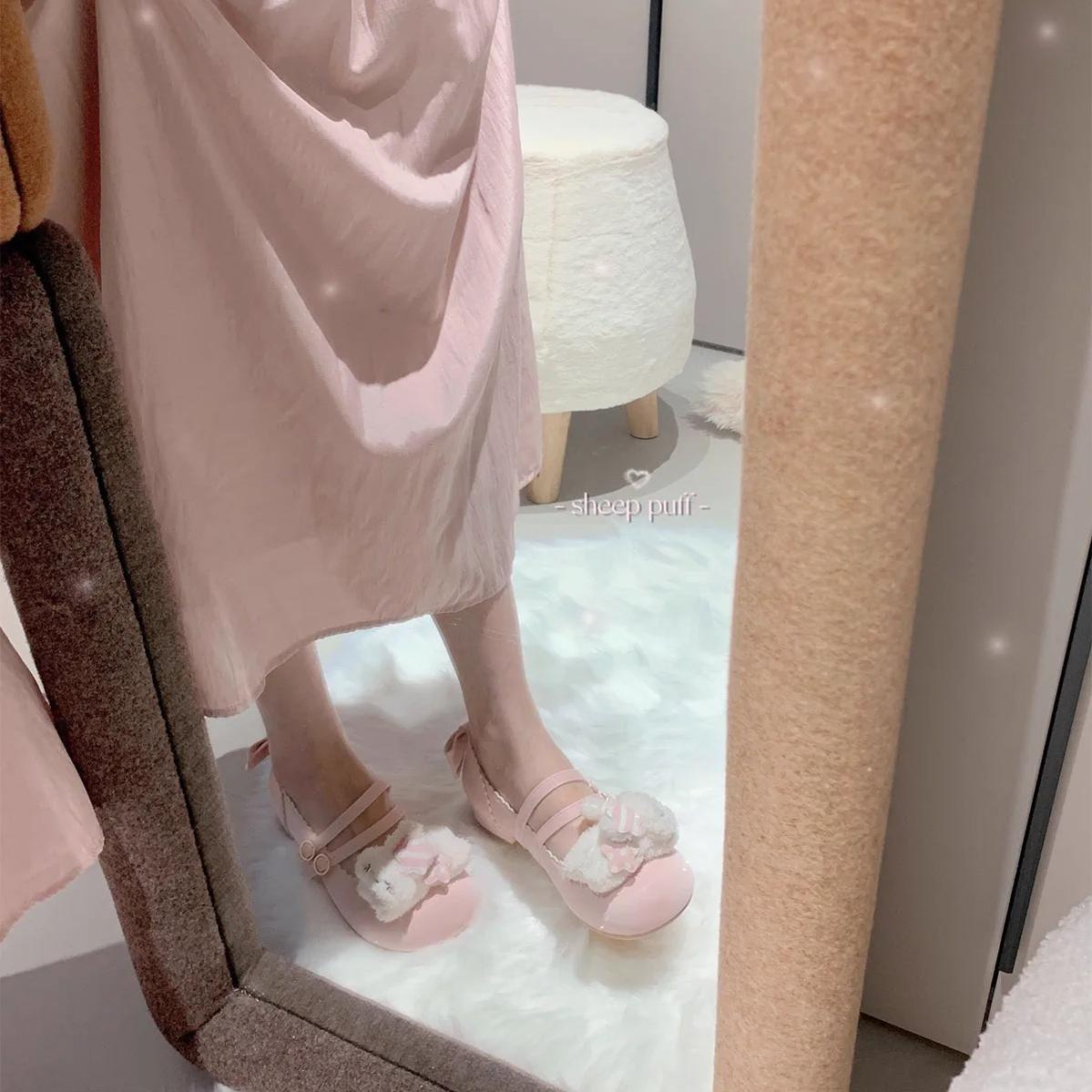 Sheep Puff - Mimitty Rabbit - Kawaii Lolita Low Heel Shoes Plush Bunny Spring Lolita Shoes