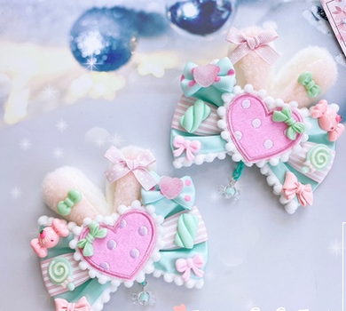 Sweetheart Endless - Sweet Lolita Lace Rabbit Ears Cuffs Multicolor a pair of big rabbit ears and heart mint-green pink pin (not cuff)