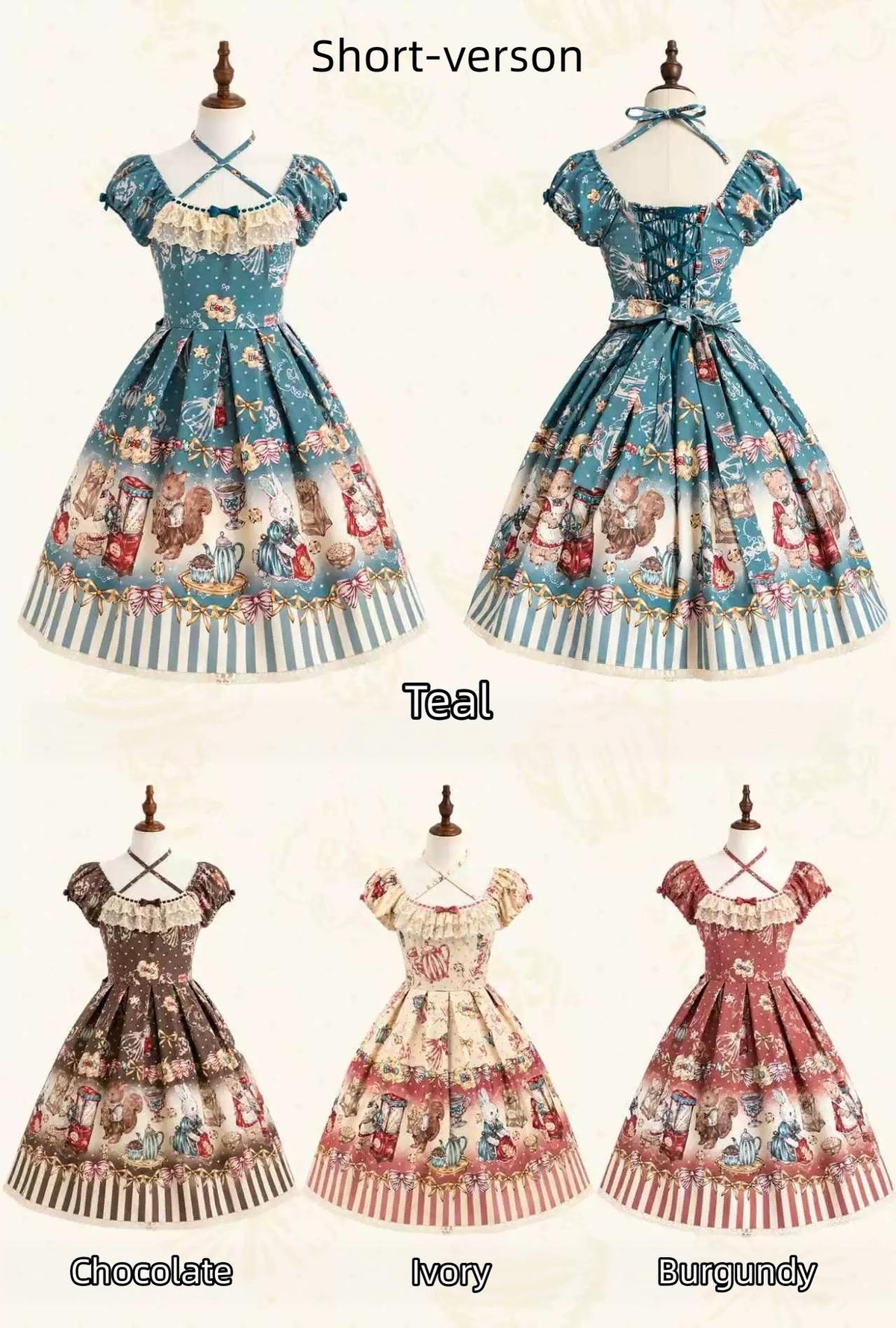 Popcorn Bear - Sweet Lolita OP Dress Set, Bear Tea Party Print (Burgundy Chocolate Ivory Teal / L M S XL XS) 45994:871436
