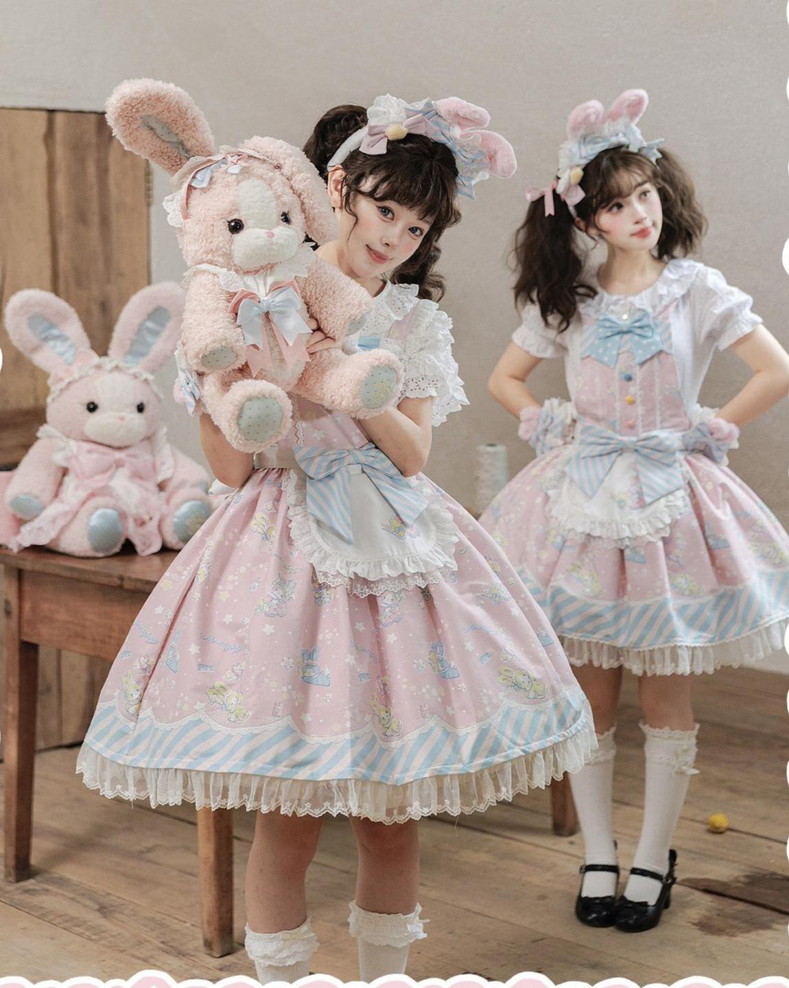 Star Gummies - IP Collaboration Sweet Lolita Dress, Bunny Print & Lace