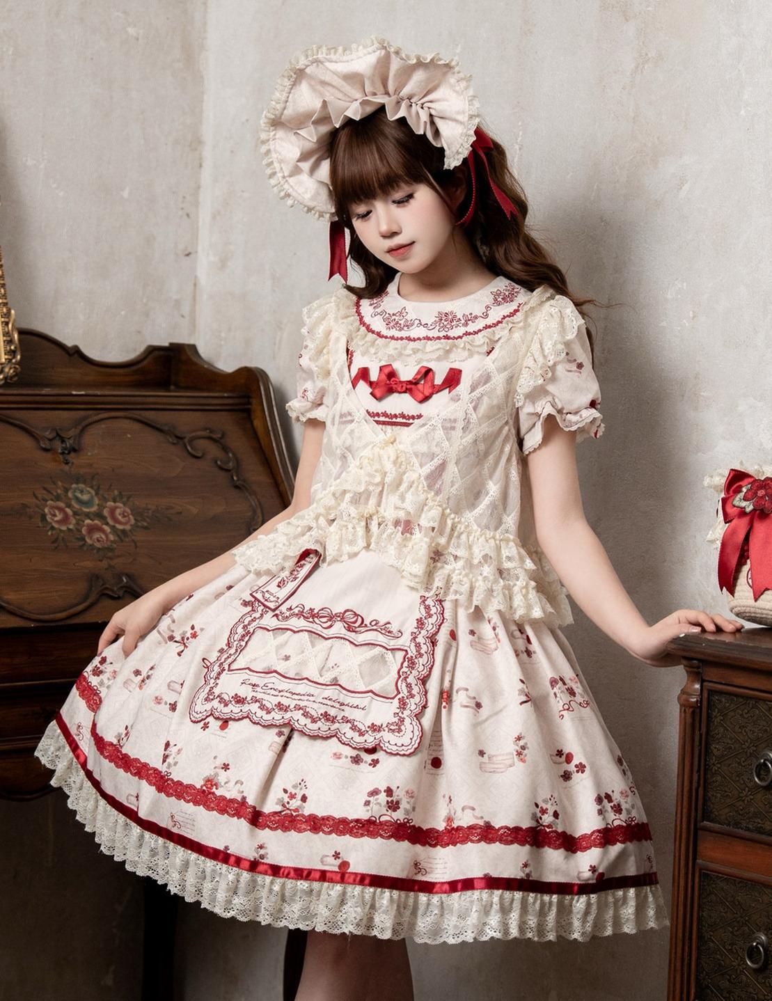Rose Catalogue - Printed Sweet Lolita OP Dress, Embroidered Apron