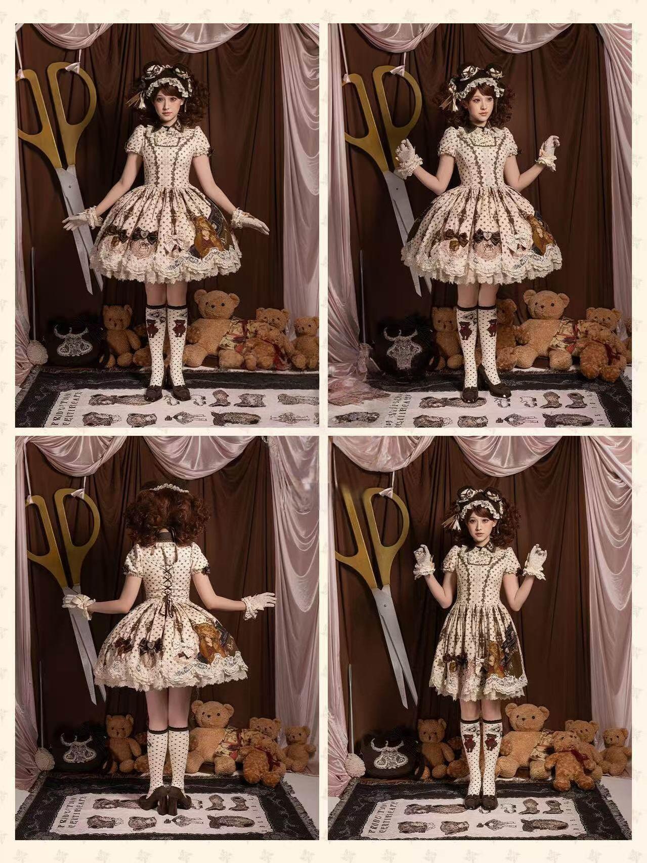 Little Bear Workshop - Cotton Sweet Lolita JSK & OP Dress, Printed Bodice Cream OP Only XS
