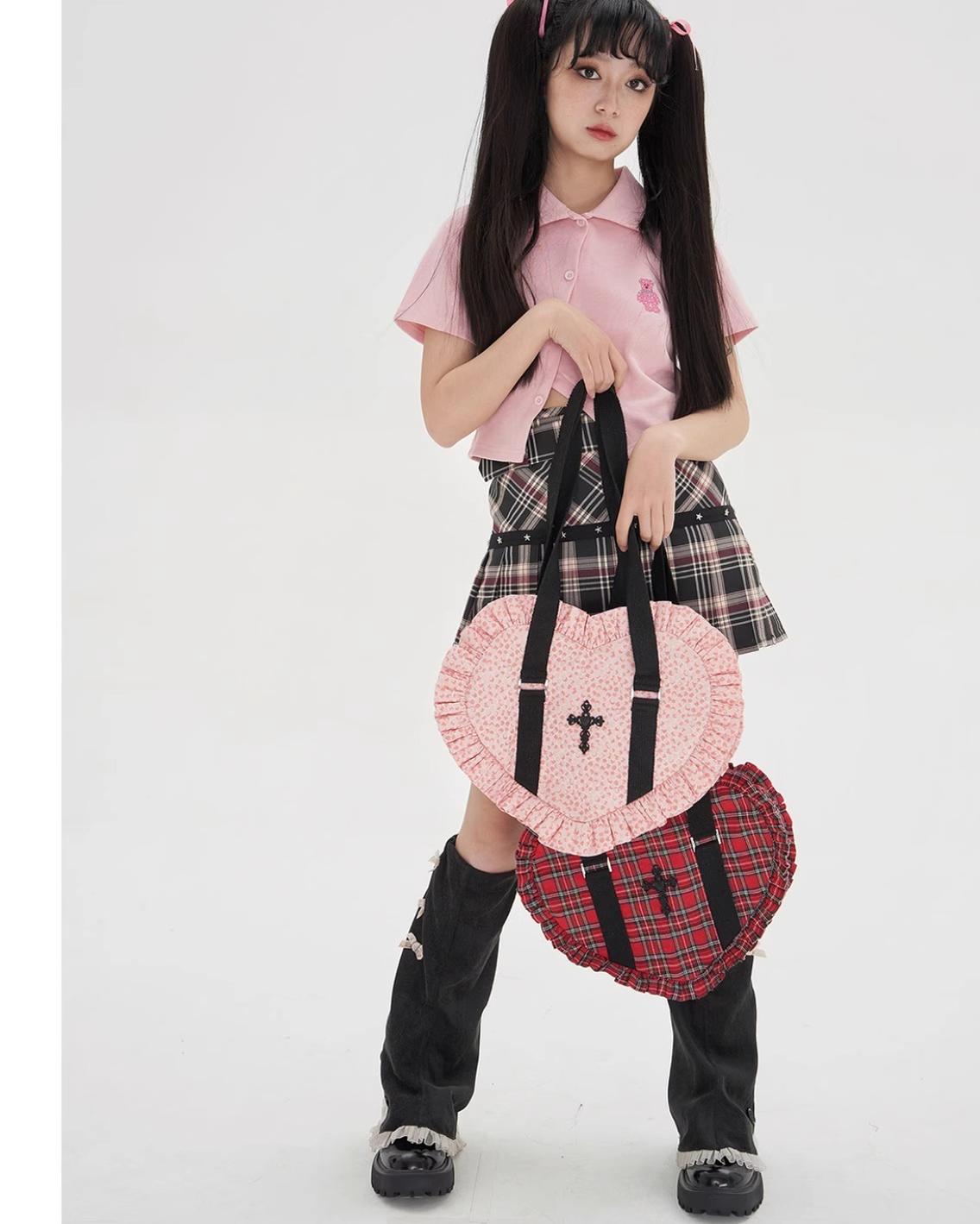 Soso Meme Club - Vintage Lolita Heart Shaped Plaid Dot Print JK Uniform Bag