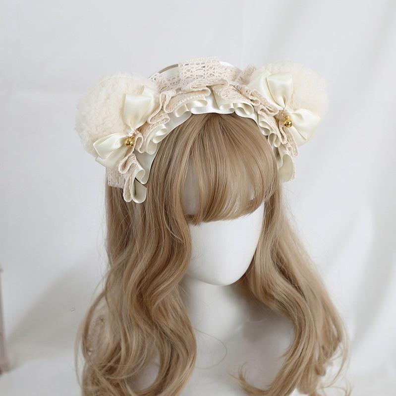 Xiaogui - Sweet Lolita KC With Bear Ear and Removable Bell White Bear Ears (Cream White Bow)