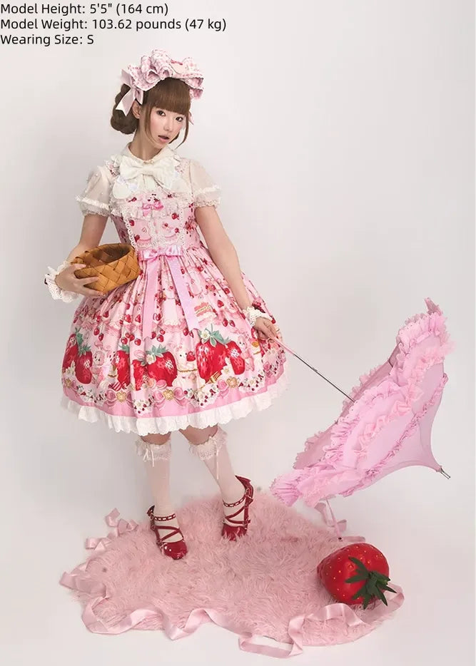 Strawberry Momo Party - Sweet Lolita OP and JSK, Strawberry Print and Cake Embroidery 45548:853270
