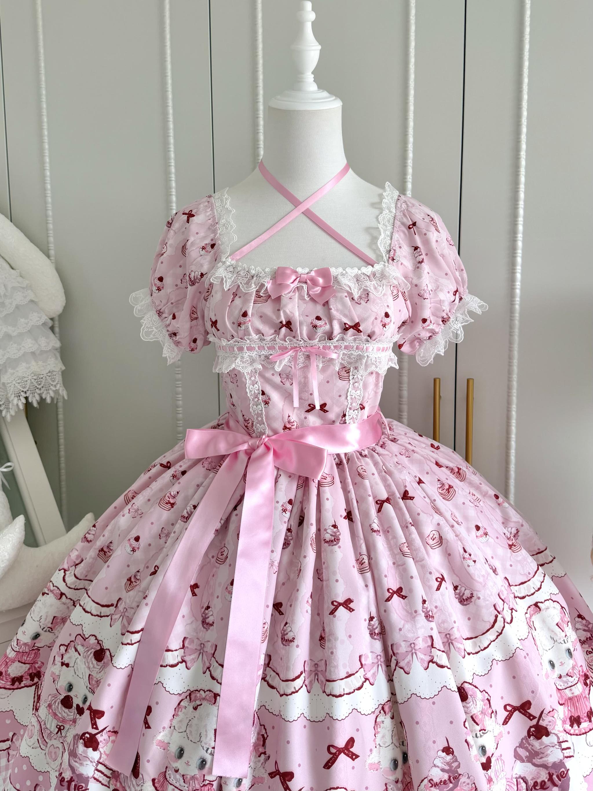Lamb Strawberry - Sweet Lolita Lamb Printed OP Dress with Halter Neck