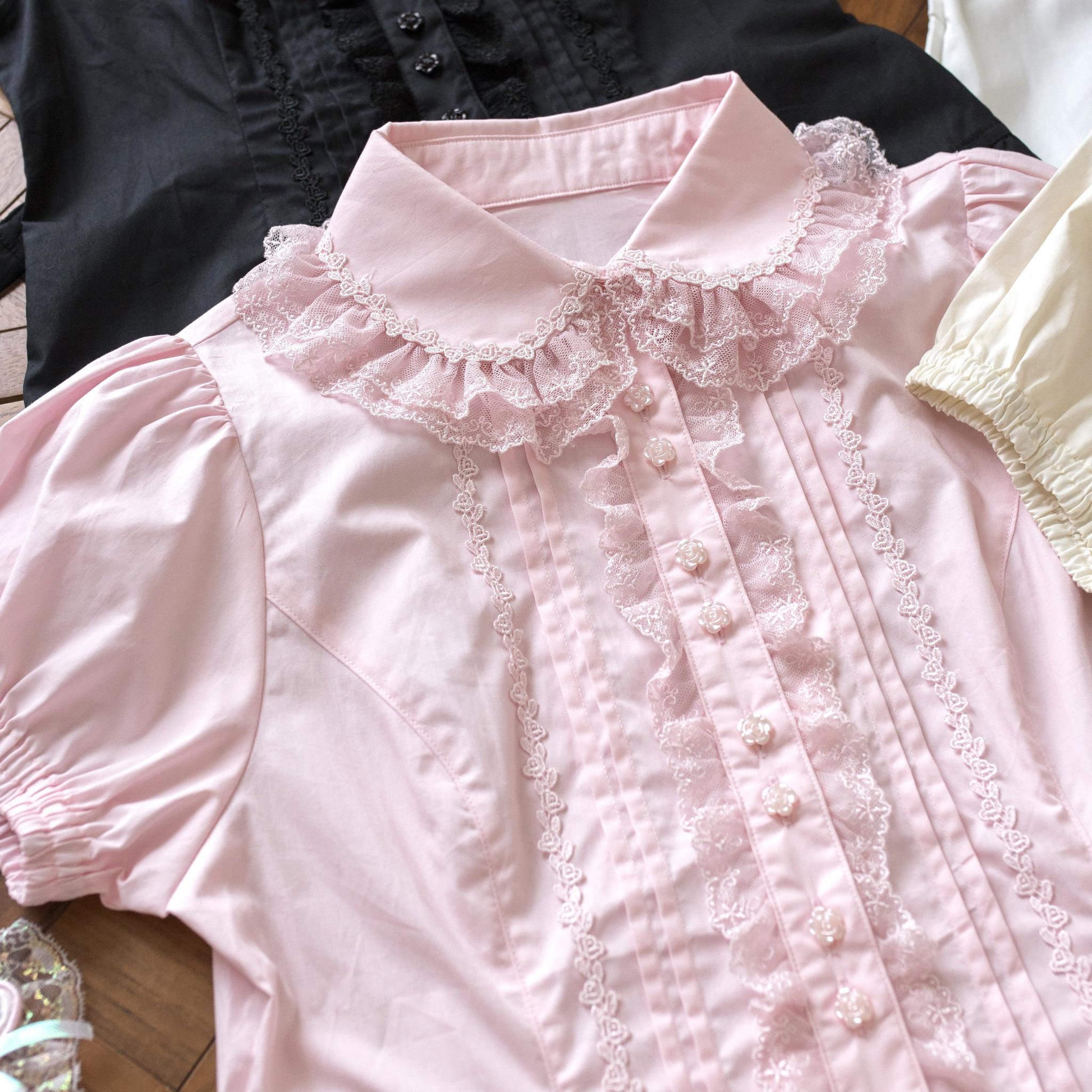Sugar Heart Rose - Old School Lolita Cotton Blouse with Ruffles Pink Blouse - Double-layer Collar S