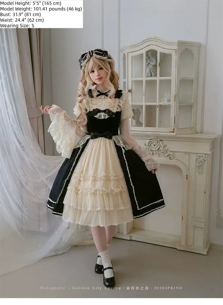 Spring of Golden Lily - Satin Classic Lolita Lily Print Dress, Front Opening 45507:852485