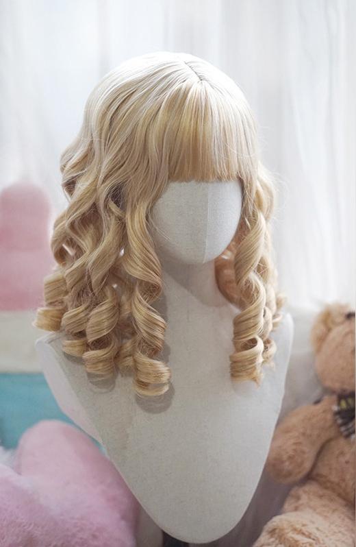 Doll-like Elegant Lolita Bangs Wig, Roman Curl Gold