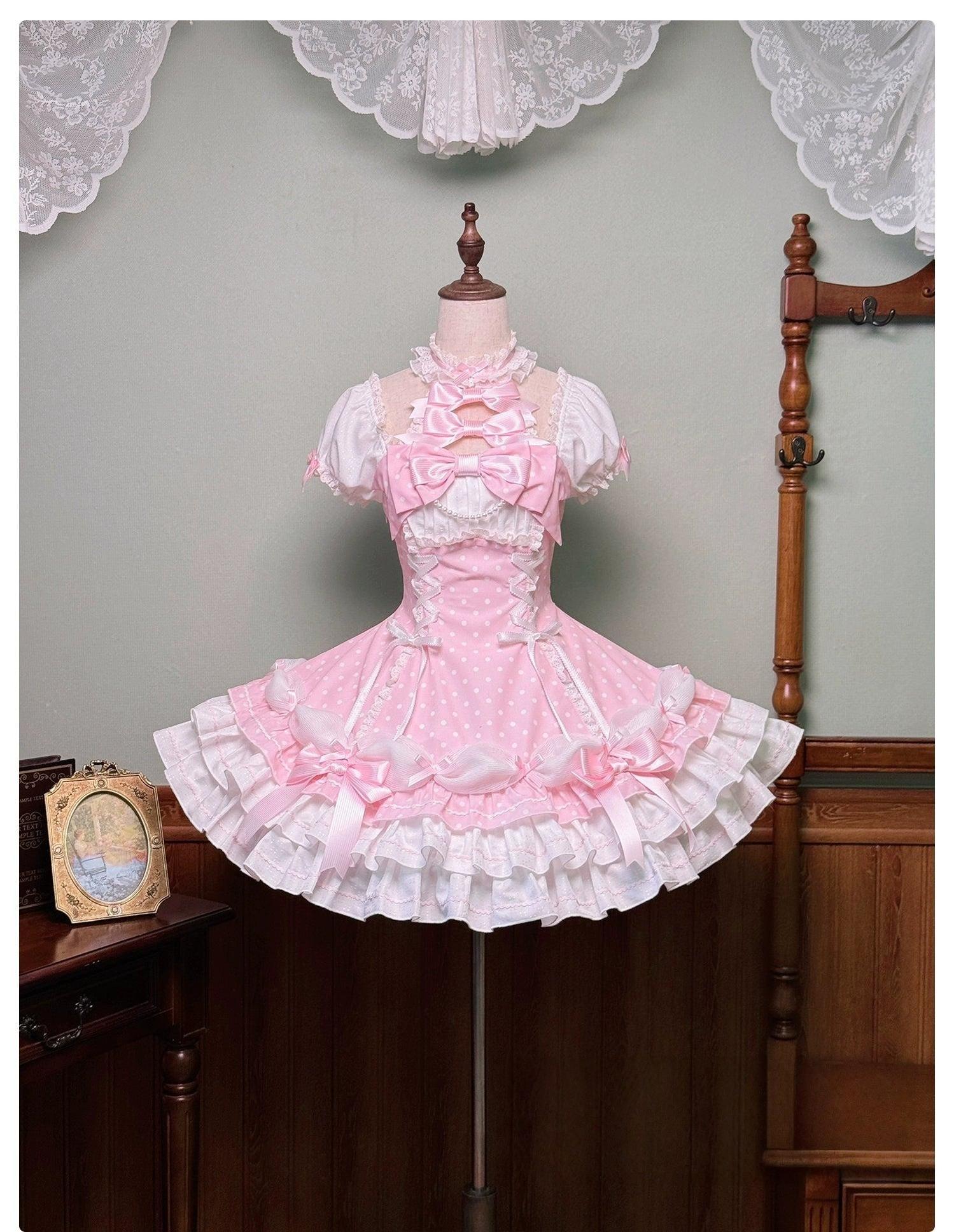 Old School Lolita Halter Neck OP Dress, Polka Dot Accent (Pink / 2XL L M S XL XS) 43701:828140