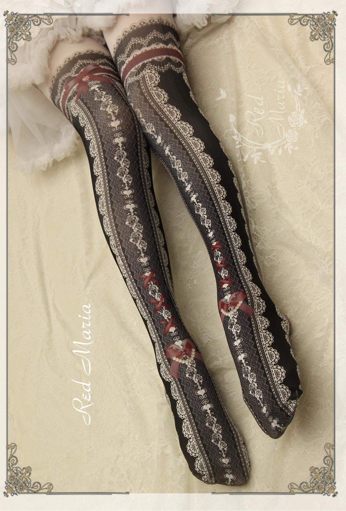 Lace Printed Bow 80D Lolita Tights Multicolors One Size Black Red