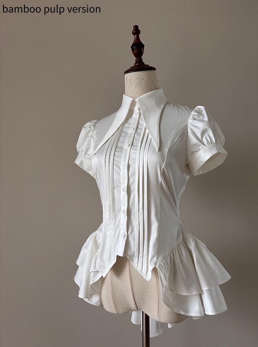 FlowerFairyDaily - Midnight Prayer - Solid Lolita Shirt with Flowing Tiered Back Hem 43006:769751