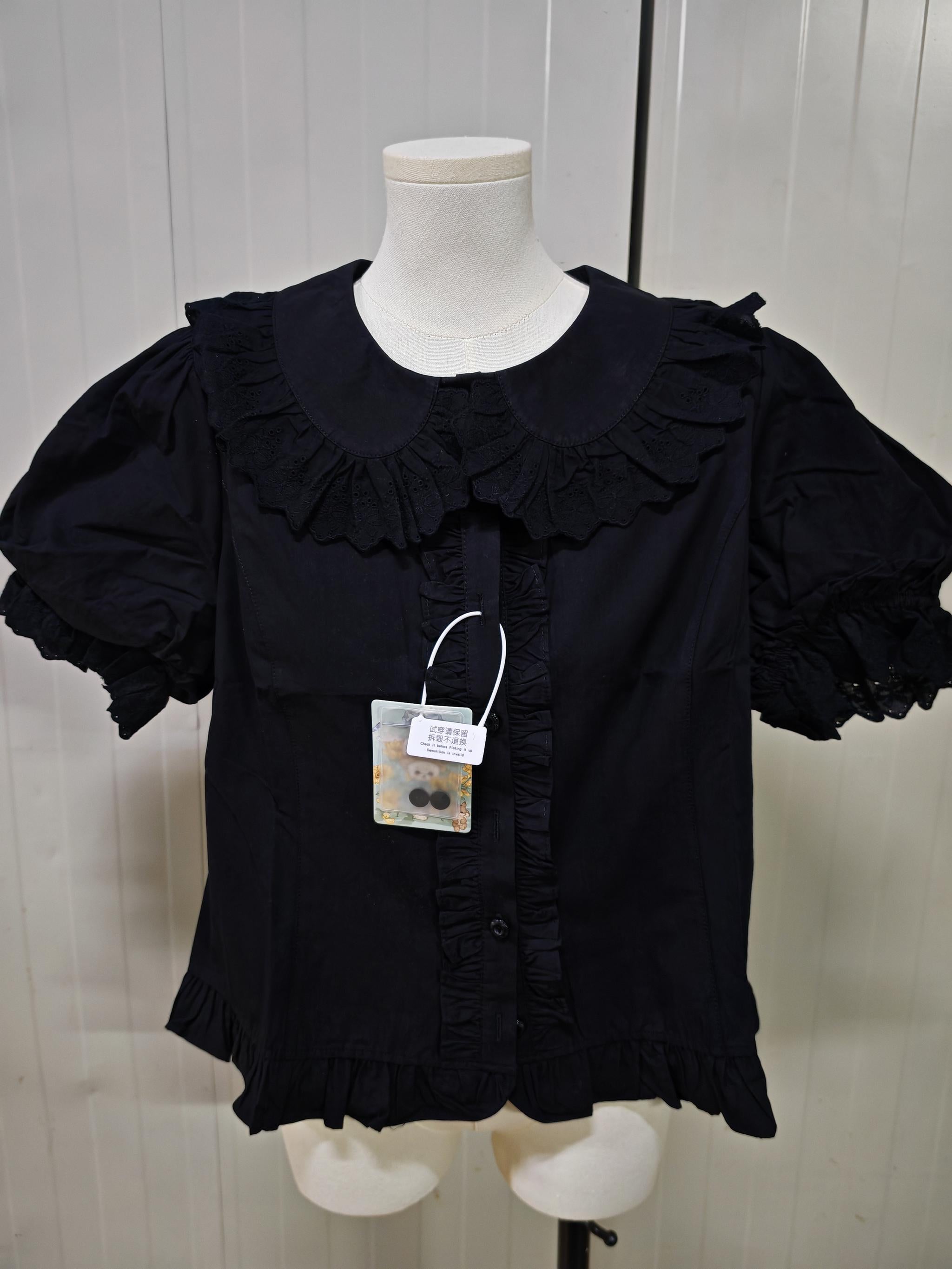 MIST - Cotton Kawaii Lolita Blouse, Short Sleeve Black S