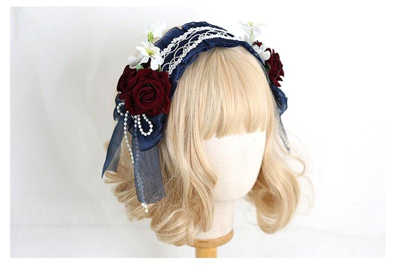 Xiaogui - Elegant Lolita Floral Lace Handmade Headband dark blue with a retaining clip
