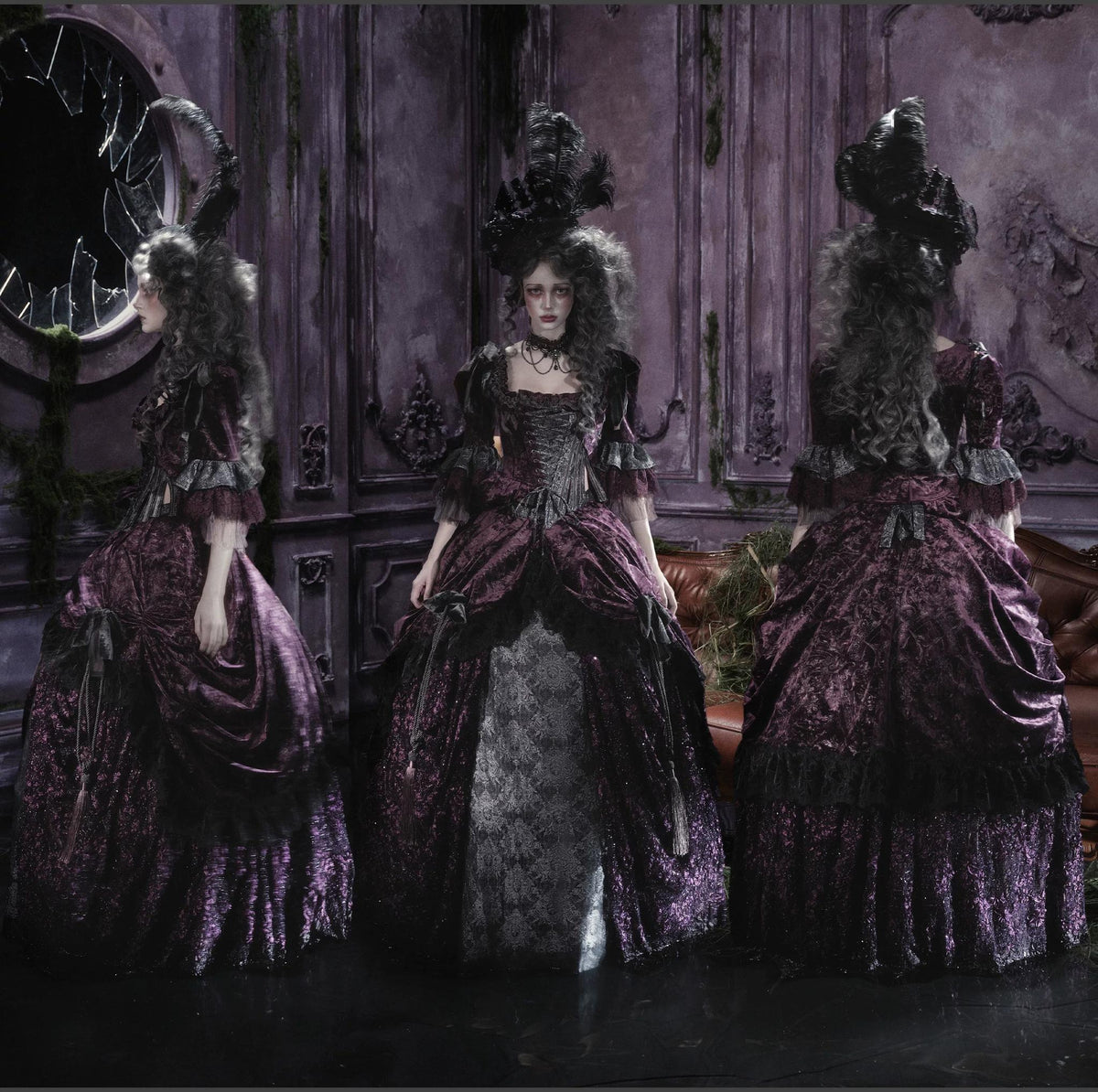 Undead's Gift - Halloween Gothic Lolita Draped Panel Skirt Set, 3D floral lace