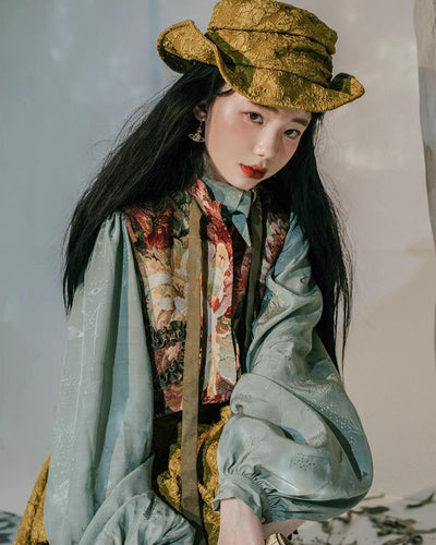 ZJstory~Gold Age~Retro Lolita Embossed Shirt Skirt and Floral Vest   