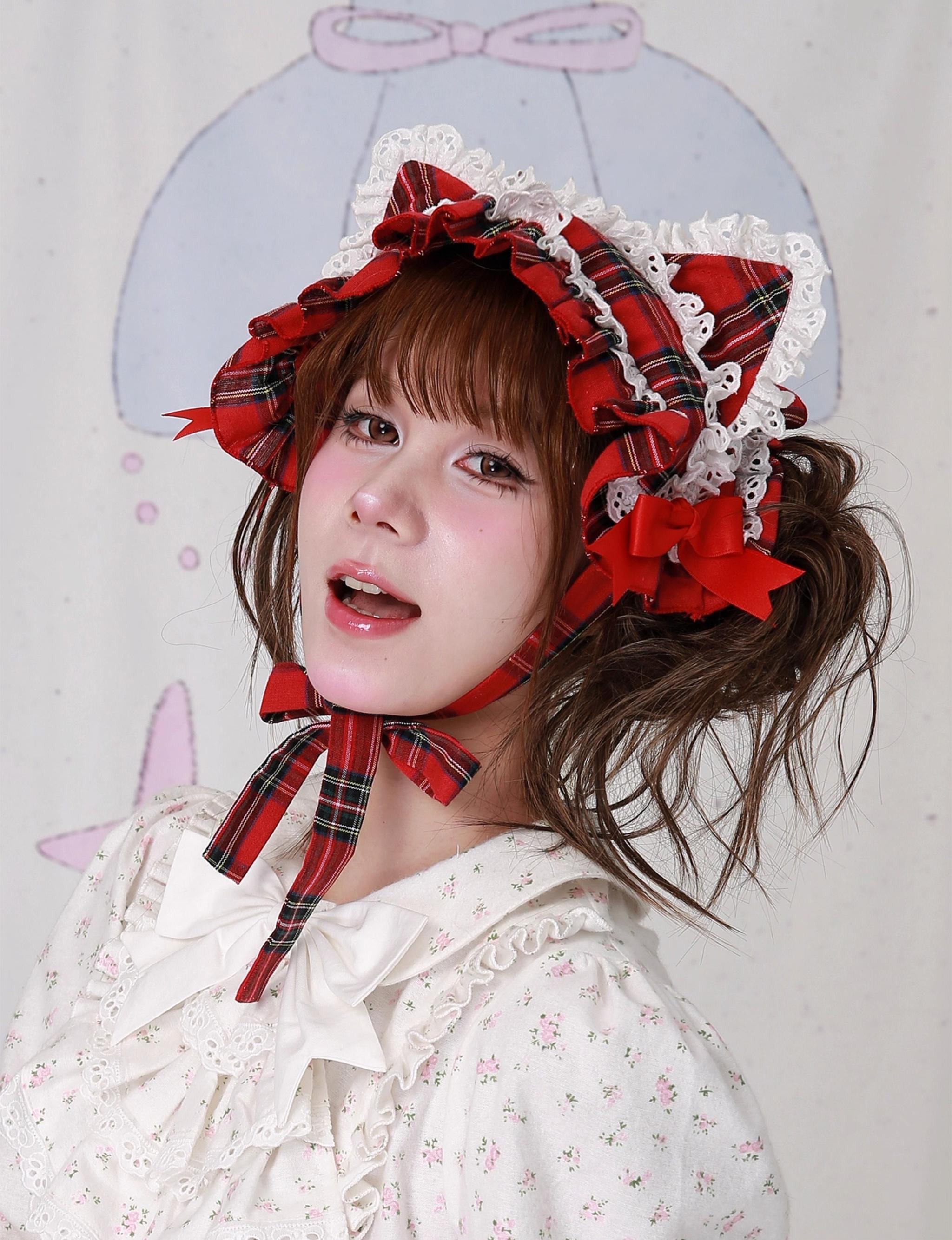 Soso Meme Club - Christmas Sweet Lolita Hairband, Red Plaid Cat Ear 44110:795099