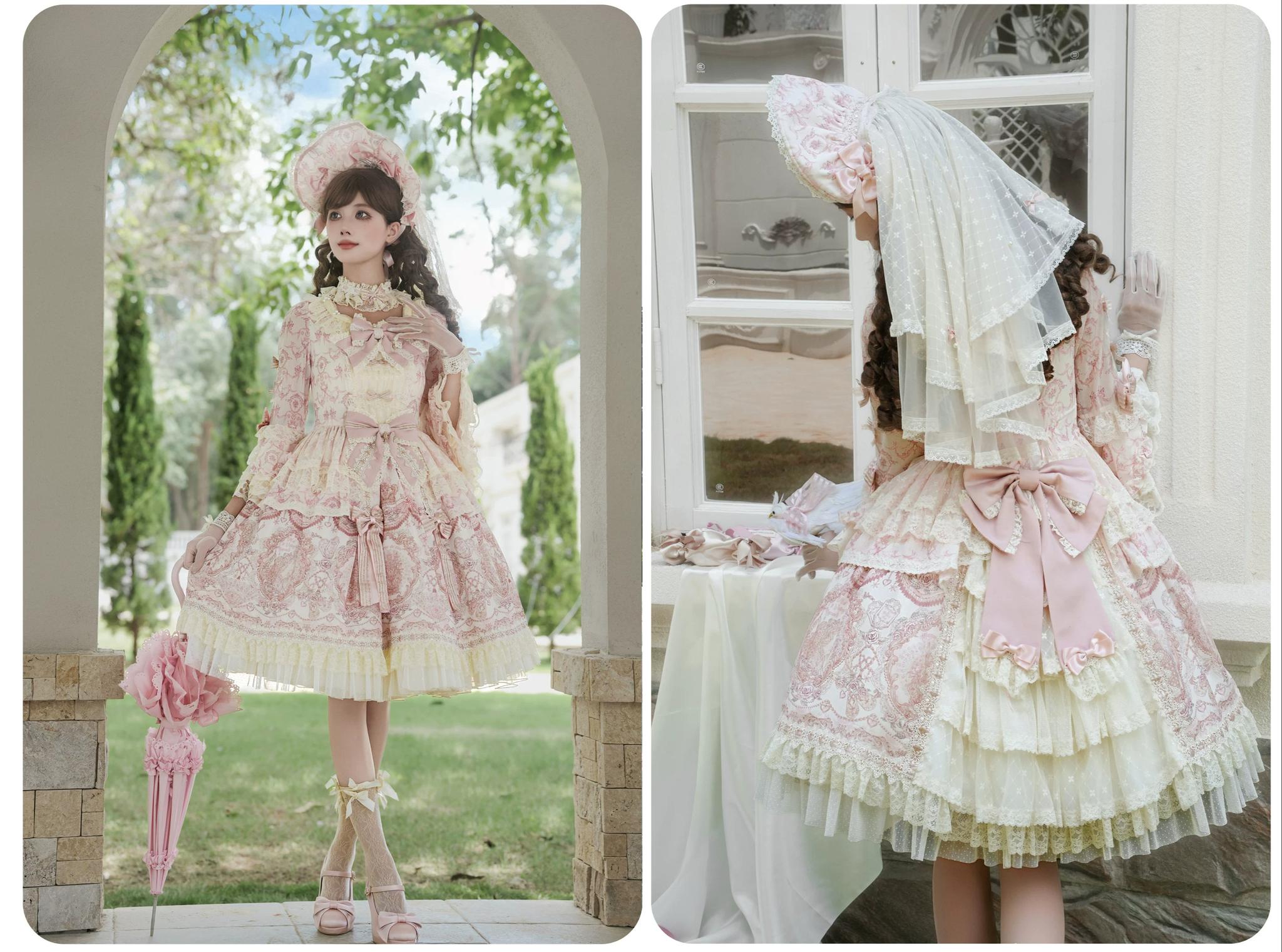 Rose Fragrance - Classic Lolita Lace JSK & OP Dress, Rose & Perfume Bottle Print 45850:865579