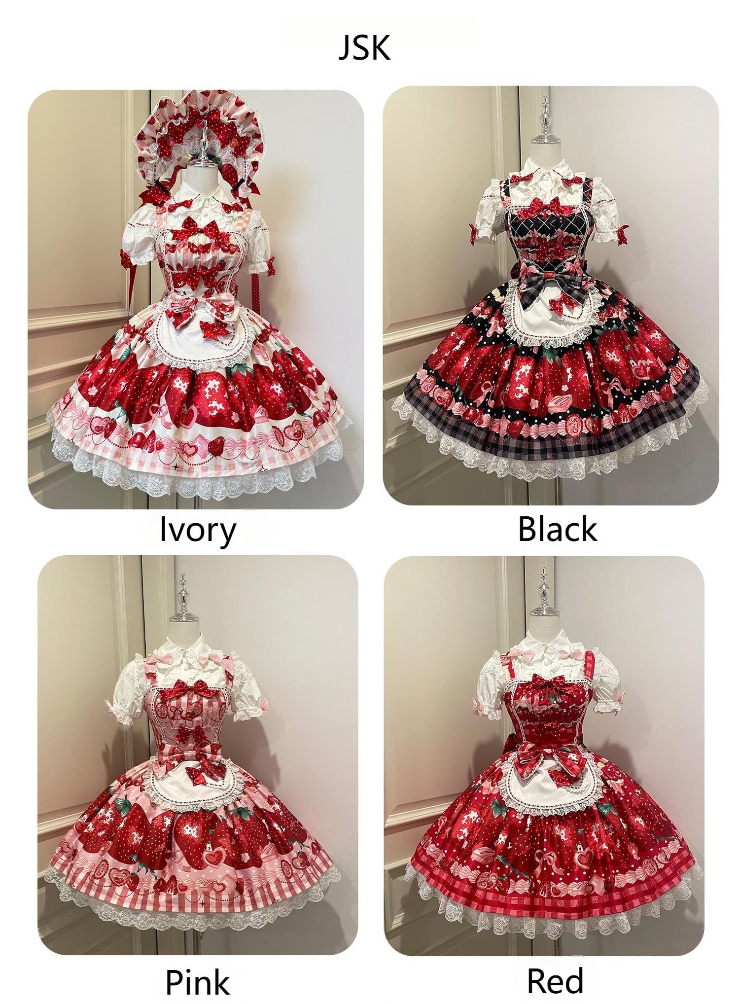 Mengfuzi - Strawberry - Sweet Lolita OP and JSK with Strawberry Print Ivory S JSK Without Shirt (comes with apron and bows)