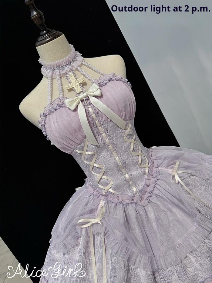 Alice Girl - Cross Maiden - Gothic Lolita Purple JSK Dress With Cross Halterneck & Voile Overlay