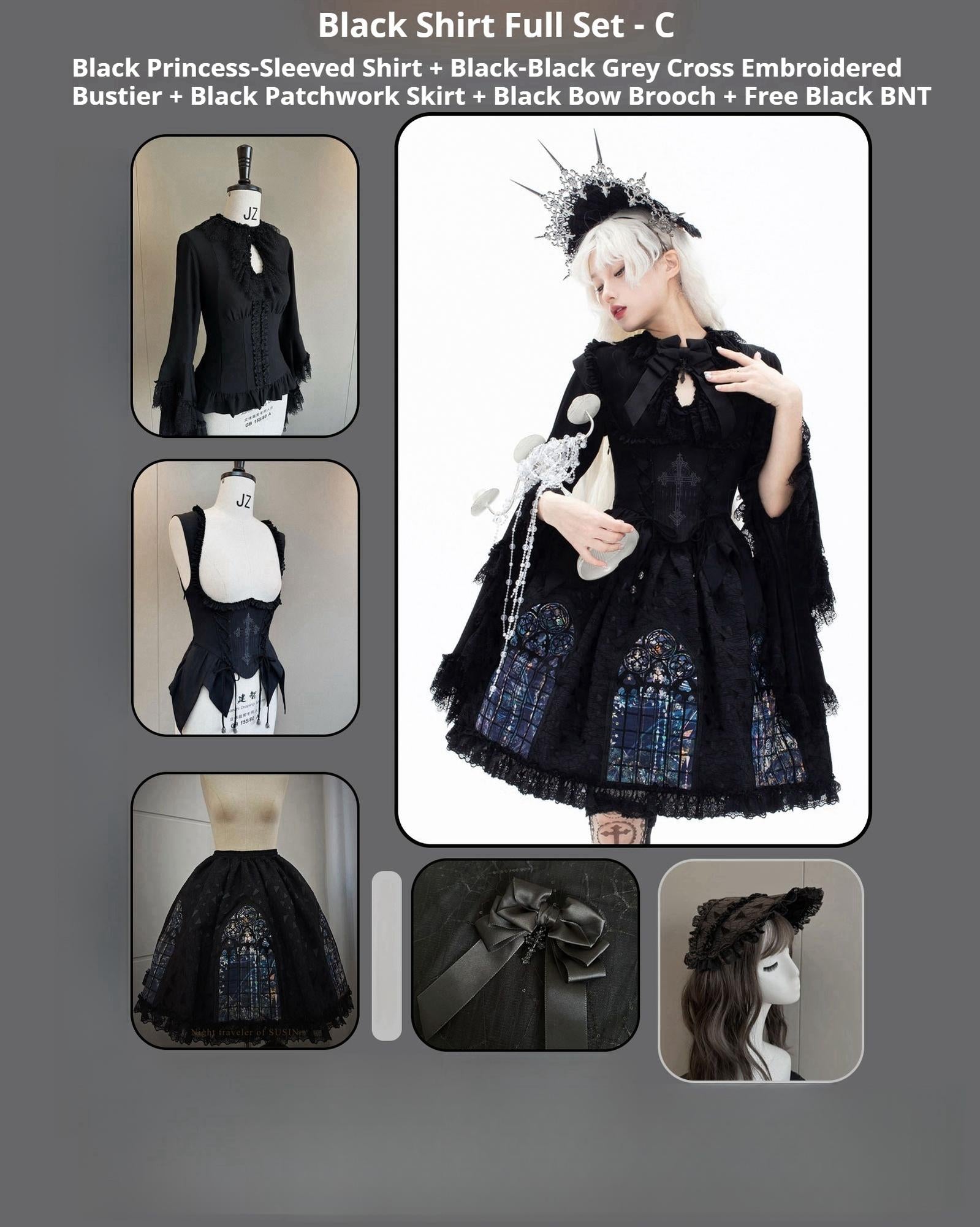 Susin Lolita - Night Traveler - Gothic Lolita Skirt Outfit Long Coat Shirt and Bustier Set (L M S XL) 42118:727750
