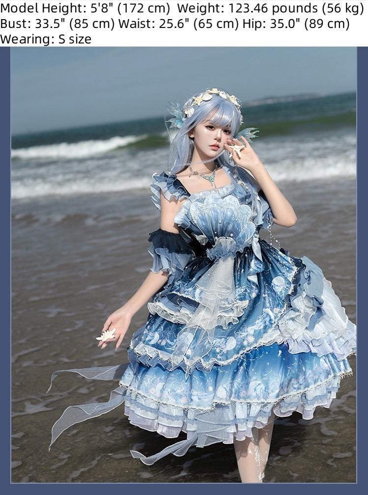 YingLuoFu - Blue Breath Jellyfish - Classic Lolita Jumper Dress, Side Zipper
