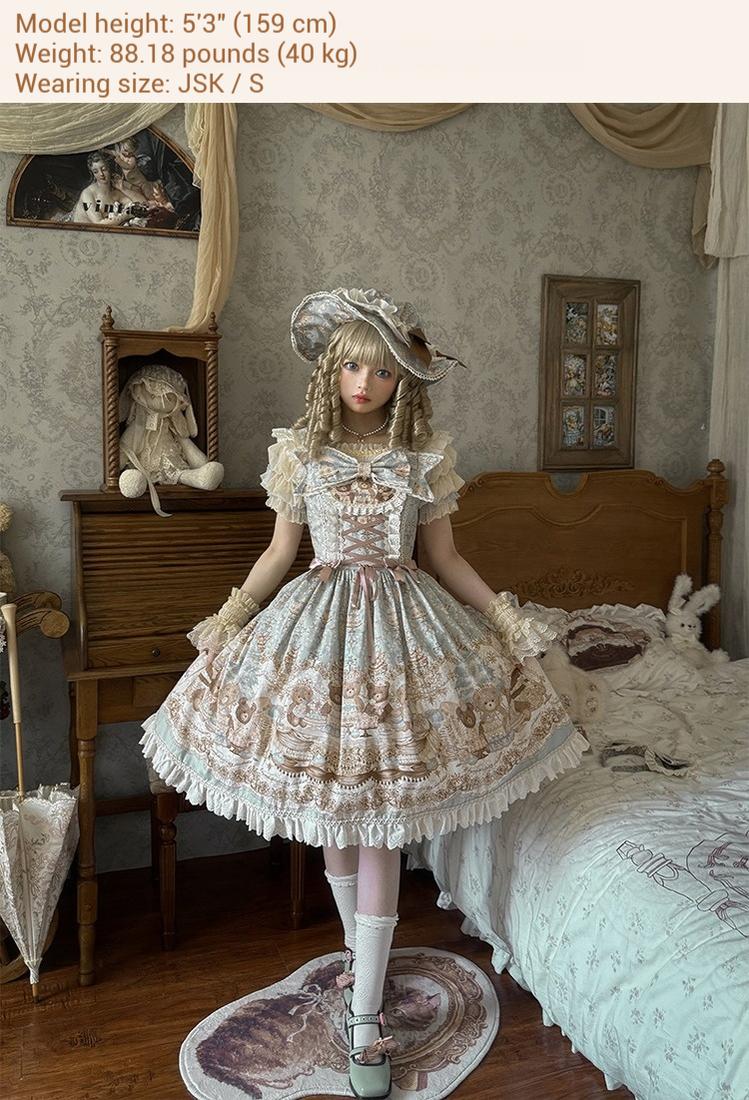 Wendy's Wardrobe - Macaron Bear - Cotton Kawaii Lolita Dress Suit, Bear & Dessert Print