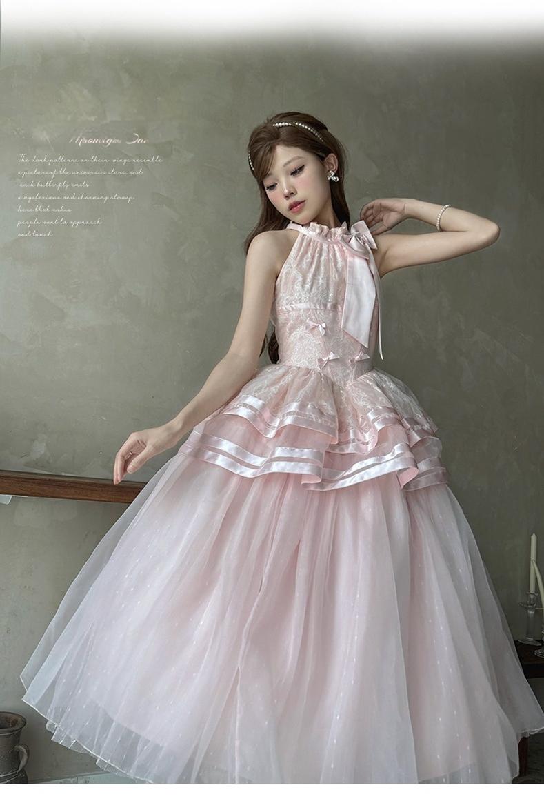 Urtto - Moonlight Dance - Elegant Lolita Halter-neck JSK Dress in Ballet Style Pink - Single JSK (skirt without slit) XS