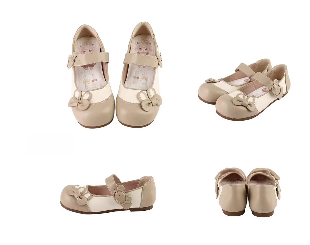 Bunny Milk Candy - Kawaii Lolita Flat Shoes, 3D Bunny Ear Bow Khaki 34