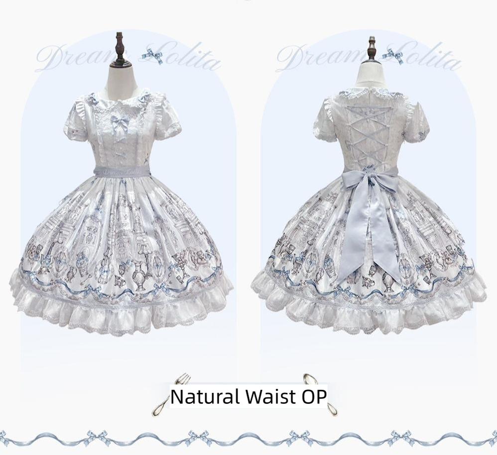 Finnish Antique Cabinet - Sweet Lolita Antique Cabinet Printed OP & JSK Dress with Bows White & Blue S Natural Waist OP (with a waist tie)