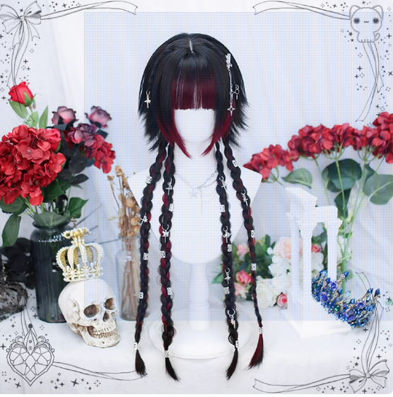 Dalao Home - Moon Night - Lolita Highlights Bang Short Wigs Black-red(braid)