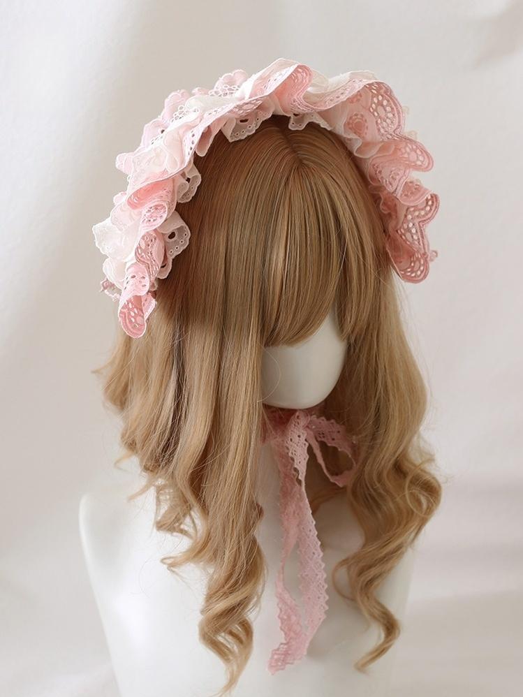 Xiaogui - Sweet Lolita Headdress Pink & White Lace Hairband
